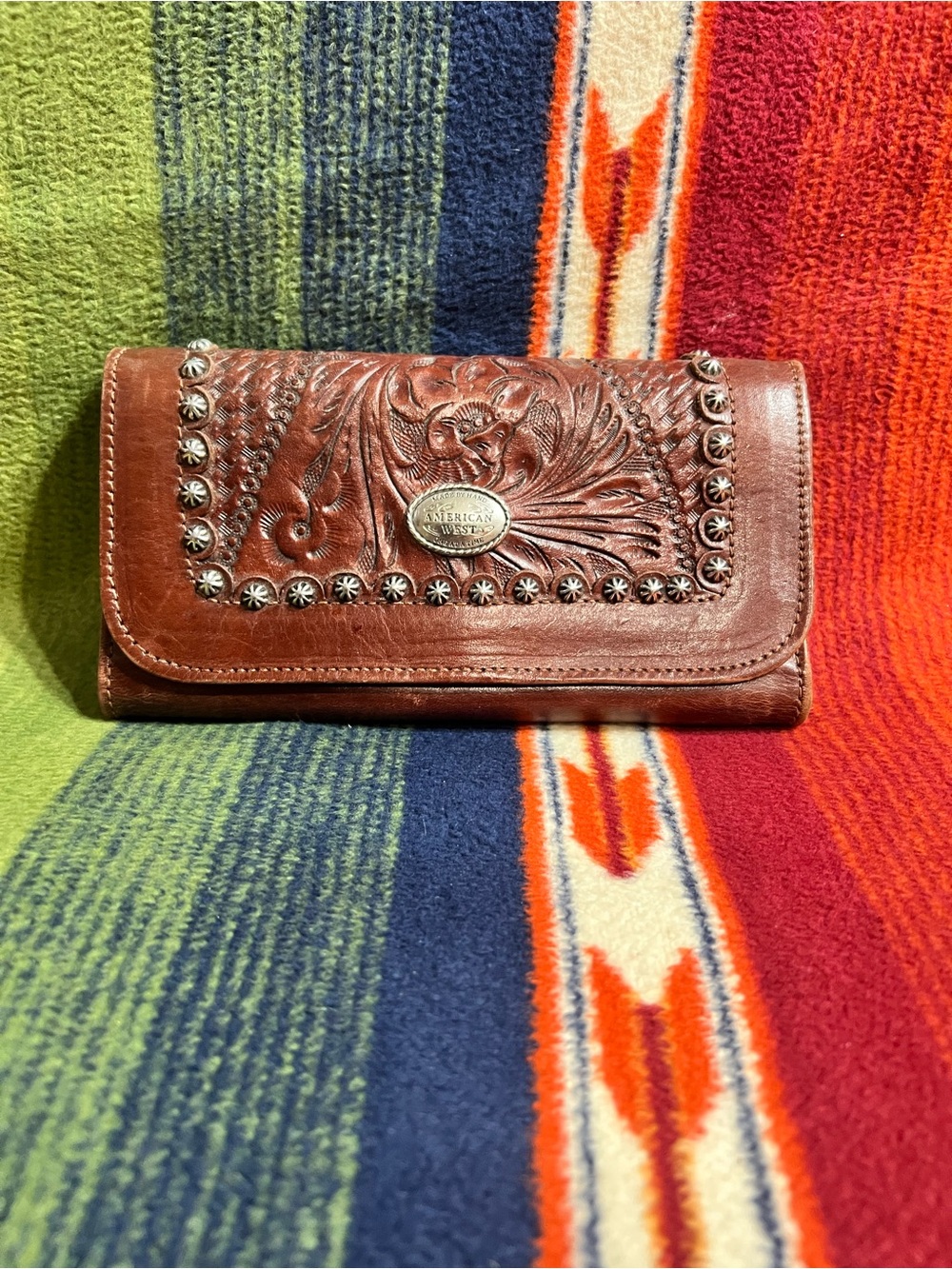 American West Brown Tooled Leather Wallet with Concho Accents